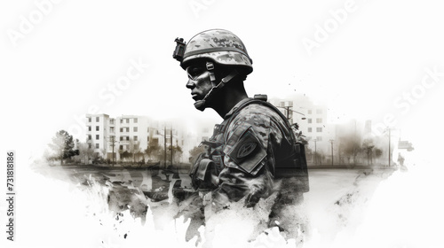 Double-exposure photo of a military man and a destroyed city on a background with spaces for copying. Generative AI