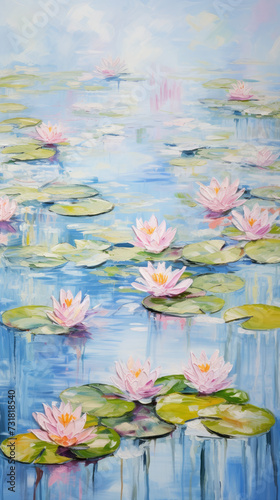 Water lilies painting flower painter watercolor oil pastel, Claude Monet, three paintings, photo printing, print, interior, art, retro, mural, vintage background impressive lily lotus - generative AI