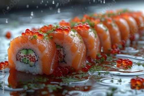 row of salmon sushi rolls, topped with bright orange roe and green herbs, is presented on a textured ceramic plate, ready to be enjoyed.