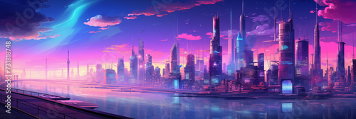 Sunset Glow Over Futuristic Neon Cityscape