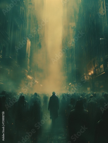 crowd walking through the city at night