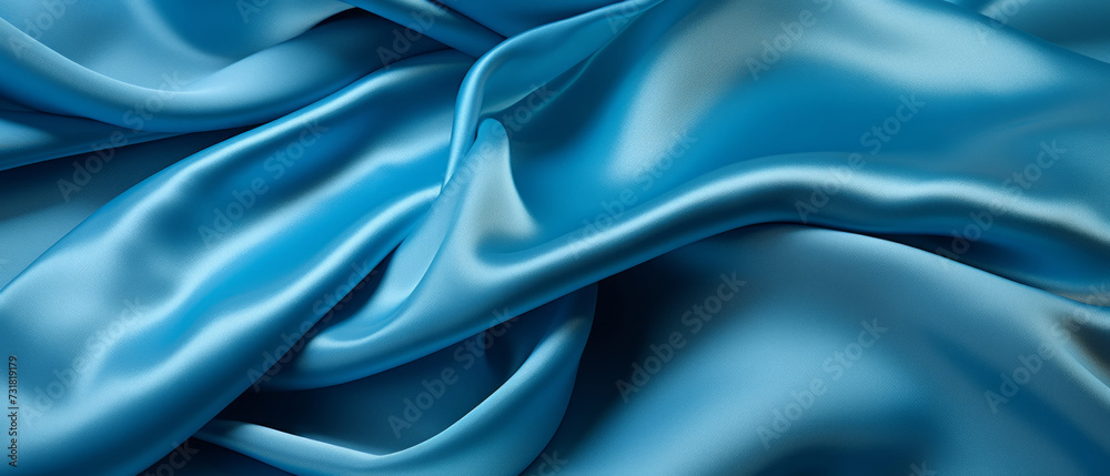 Fototapeta premium Luxurious blue silk fabric with elegant wavy texture