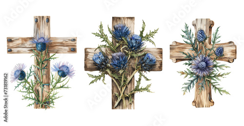 Set of floral crosses. Easter border, christian banner. Watercolor hand drawn Easter cards, for Christian prints, religious publications photo