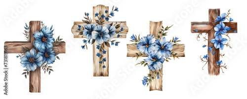 Set of floral crosses. Easter border, christian banner. Watercolor hand drawn Easter cards, for Christian prints, religious publications
