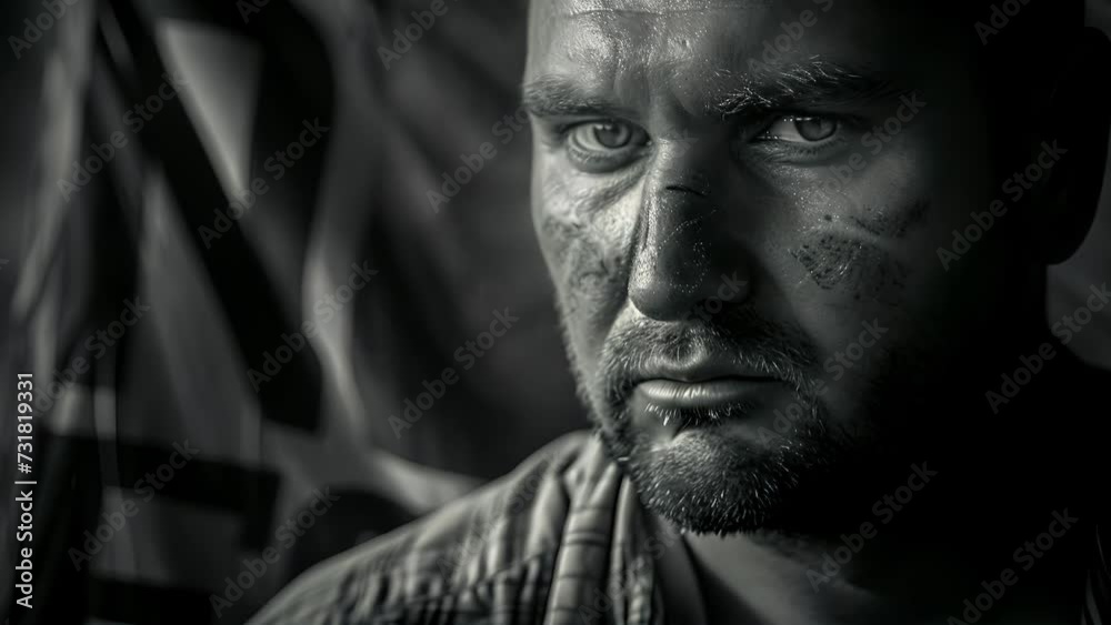 A man with a scar on his cheek and a look of determination holding a banner that reads domestic violence ends here, male in Front of American Flag A man with a scar on his cheek and a look of determination holding a banner that reads domestic violence ends here, male in Front of American Flag