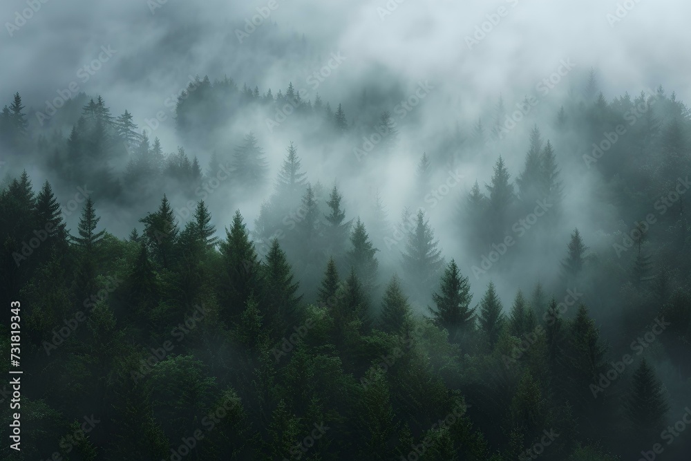 Misty pine forest with ethereal fog, ideal for backgrounds and nature themes. captivating and serene woodland scene. AI