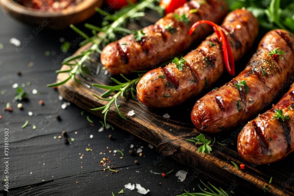 Savory Grilled Sausages Seasoned With Aromatic Herbs On Rustic Wooden Surface. Сoncept Grilled Sausages, Aromatic Herbs, Rustic Wooden Surface