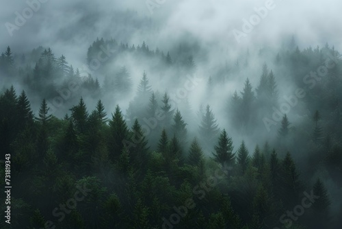 Misty pine forest with ethereal fog, ideal for backgrounds and nature themes. captivating and serene woodland scene. AI © Irina Ukrainets