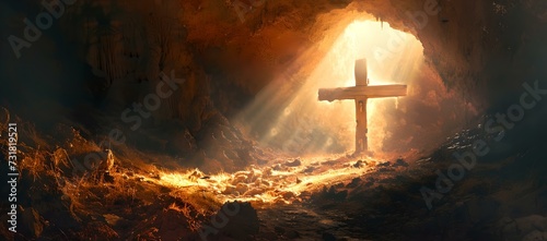 Majestic cross illuminated by sunlight in a rocky cave. a symbol of hope and faith. spiritual christian image. AI