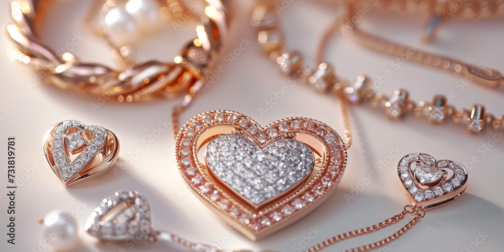 Sparkling Heartshaped Jewelry Arranged On Soft Backdrop, Ideal For Personalization. Сoncept Bohemian-Inspired Home Decor, Diy Craft Projects, Healthy Smoothie Recipes, Relaxation Techniques Sparkling Heartshaped Jewelry Arranged On Soft Backdrop, Ideal For Personalization. Сoncept Bohemian-Inspired Home Decor, Diy Craft Projects, Healthy Smoothie Recipes, Relaxation Techniques
