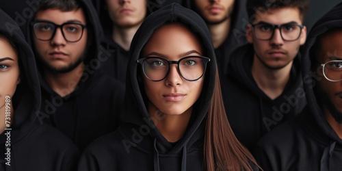 Stylish Young Adults Sporting Glasses And Black Hoodies In Group. Сoncept Urban Street Fashion, Cool Eyewear, Group Photoshoot, Trendy Hoodies, Stylish Young Adults