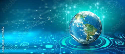 Fototapeta Naklejka Na Ścianę i Meble -  Global Social Network and Business Connection Concept. Digital world on the converging point of circuit. Future of the internet and technology. Elements furnished by NASA. 3D Rendering.