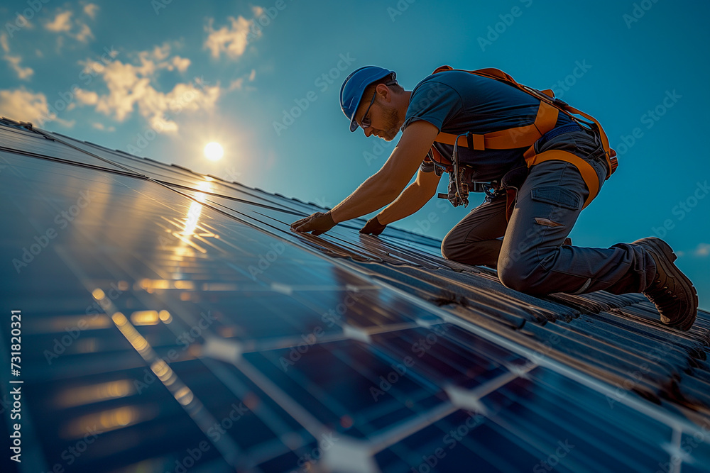 Professional technician installing solar panels on a roof on a bright and sunny day - obrazy, fototapety, plakaty 