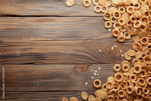 Topdown View Of Textured Wooden Background With Ample Space For Text, Showcasing Cereal On Table. Сoncept Nature-Inspired Still Life, Wholesome Cereal Display, Rustic Wood Table Setting