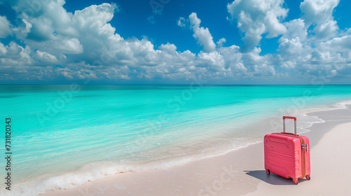 A coral-colored suitcase stands on a white-sand beach against the turquoise ocean. Travel concept, vacation. © evastar