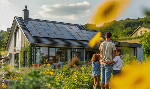 Happy family in front of Photovoltaics equiped house