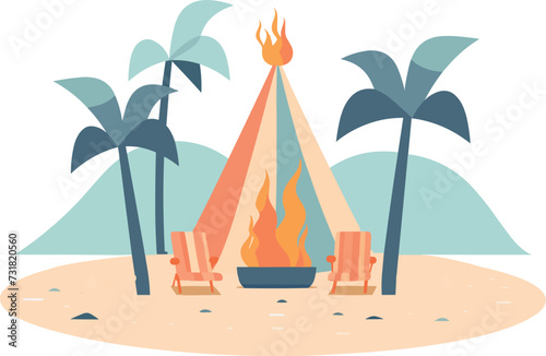 Minimalistic vector of a beach setting with a bonfire in pastel colors