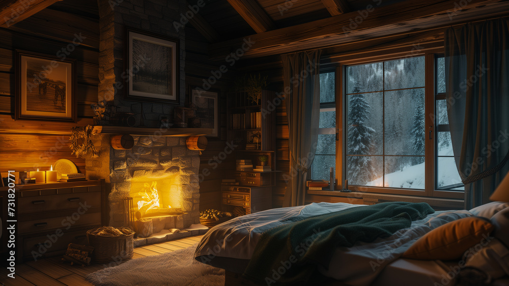 Cozy Nights: Modern Rustic Cabin Bedroom with Illuminated Fireplace