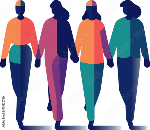 A vector illustration of four people walking on a white background