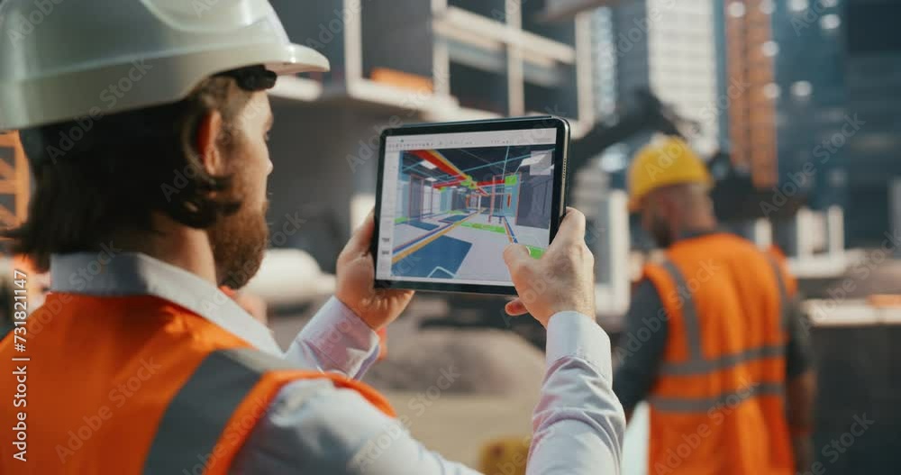 Industrial Engineer Inspecting a Residential Construction Spot with a Virtual Reality App with a Virtualization of the Building's Interior. Over the Shoulder Footage of an Architect Working on Site