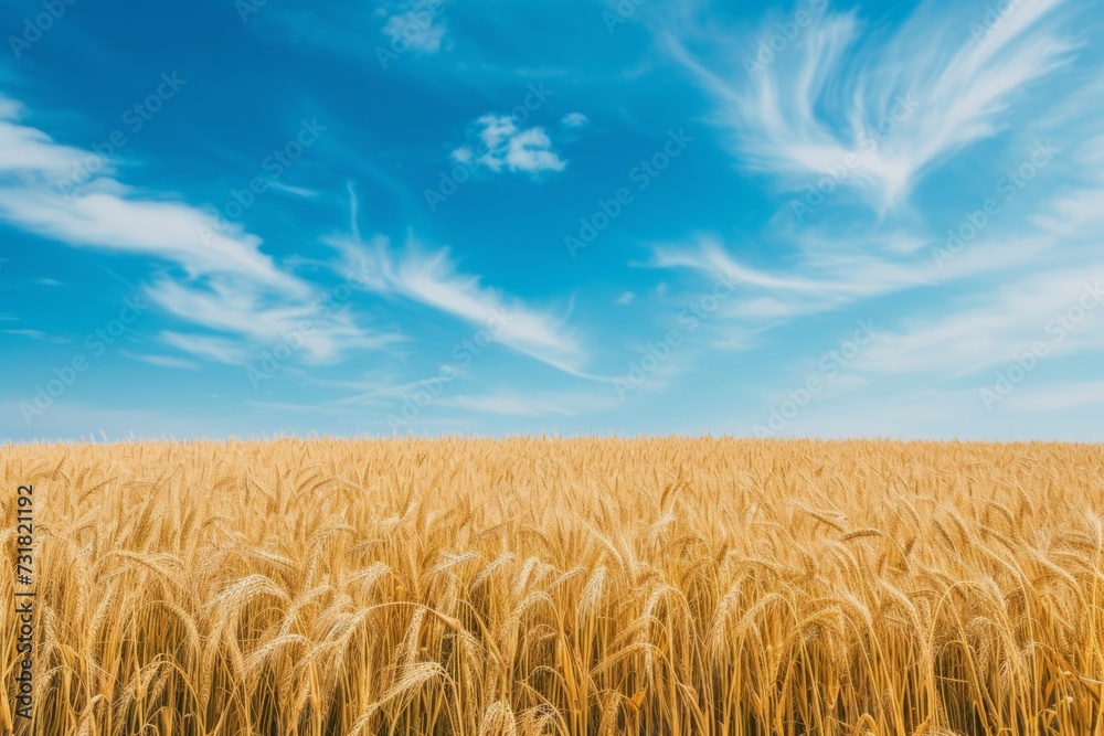 Vibrant Wheat Field Stretches Under Clear Blue Sky, Immersed In Serenity. Сoncept Nature's Tranquil Beauty, Sun-Kissed Landscapes, Blissful Fields, Scenic Serenity, Captivating Countryside