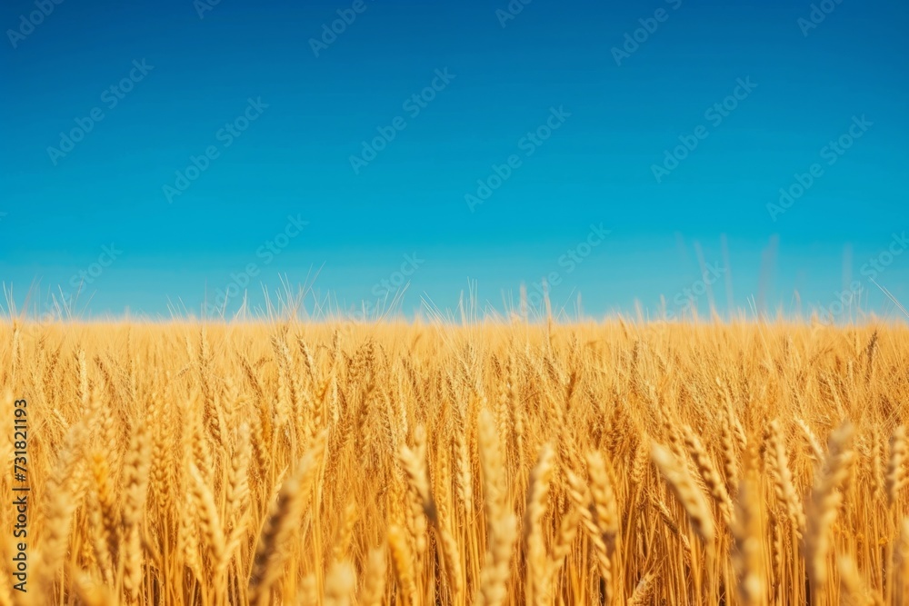 Vibrant Wheat Field Stretches Under Clear Blue Sky, Immersed In Serenity. Сoncept Nature's Beauty, Tranquil Landscapes, Golden Harvest, Serene Countryside, Immersive Wheat Fields