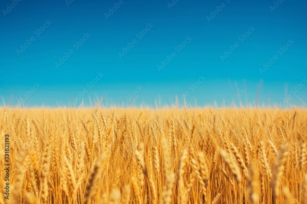 Vibrant Wheat Field Stretches Under Clear Blue Sky, Immersed In Serenity. Сoncept Nature's Beauty, Tranquil Landscapes, Golden Harvest, Serene Countryside, Immersive Wheat Fields Vibrant Wheat Field Stretches Under Clear Blue Sky, Immersed In Serenity. Сoncept Nature's Beauty, Tranquil Landscapes, Golden Harvest, Serene Countryside, Immersive Wheat Fields