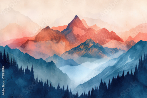 Artistic representation of a mountain range, using abstract geometric shapes and a cool color palette, reflecting nature's majesty © Sumalee