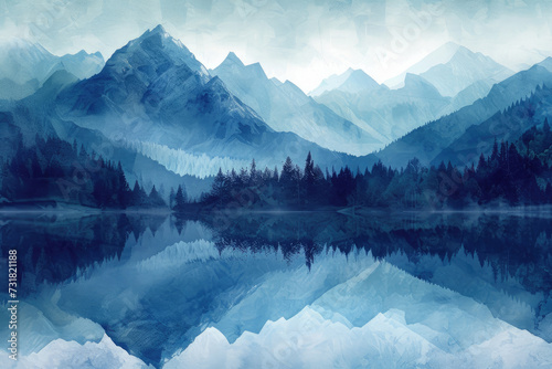 Artistic representation of a mountain range, using abstract geometric shapes and a cool color palette, reflecting nature's majesty photo