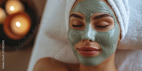 Woman Wearing Spa Clay Mask, Enjoying Relaxation And Selfcare At Salon. Сoncept Spa Self-Care, Clay Mask Experience, Salon Relaxation, Pampering Treatments, Rejuvenating Spa Day