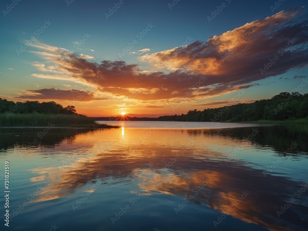 Panorama of Beautiful Country Sunset on Lake with Faraway Forest