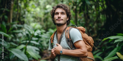 Young Man With Backpack Poses Confidently Amidst Lush Forest Backdrop. Сoncept Adventurous Solo Traveler, Nature Exploration, Confidence In The Great Outdoors, Backpacking With Style