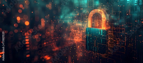 Futuristic cybersecurity concept with glowing padlock, digital art. cyber data protection visual. perfect for tech platforms. AI