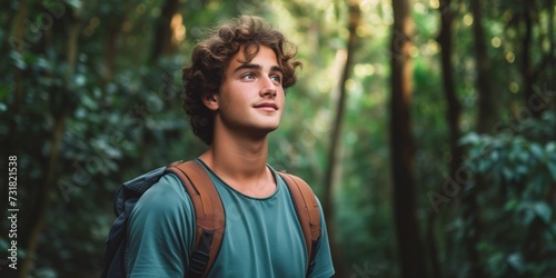 Young Man With Backpack Poses Confidently Amidst Lush Forest Backdrop. Сoncept Nature-Inspired Portraits, Adventurous Outdoor Shoots, Backpacking Adventures, Confident Poses In The Wilderness
