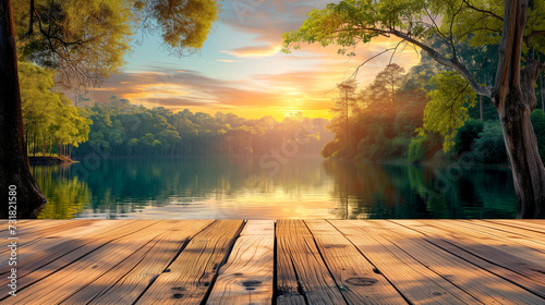 wooden tabletop overlooking the lake at sunset