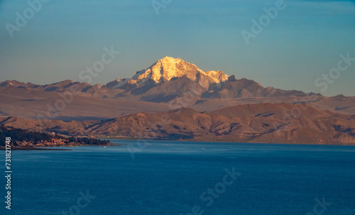 Distant view of the famous Potosi Mountain from the shores of the Titicaca Lake, Bolivia