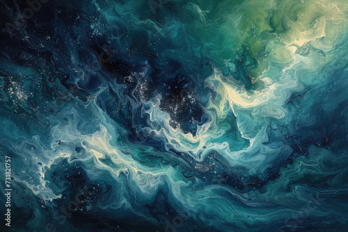 A painting inspired by the ocean's depths, with swirling blues and greens, creating a serene yet dynamic abstract nature scene