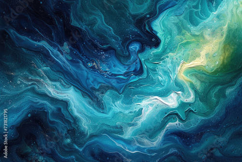 A painting inspired by the ocean's depths, with swirling blues and greens, creating a serene yet dynamic abstract nature scene