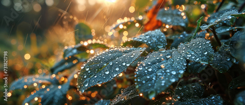 Early morning dew clings to vibrant green leaves against the backdrop of a sunrise bokeh