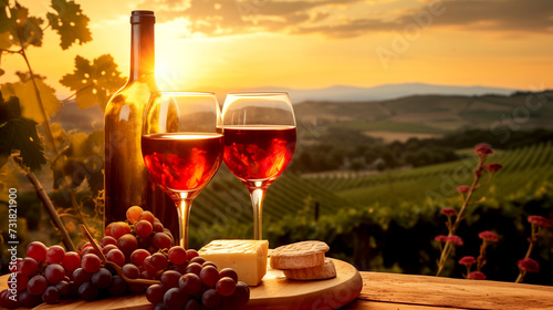 Two glasses of wine on a wooden table  romantic dinner at sunset overlooking the vineyard.