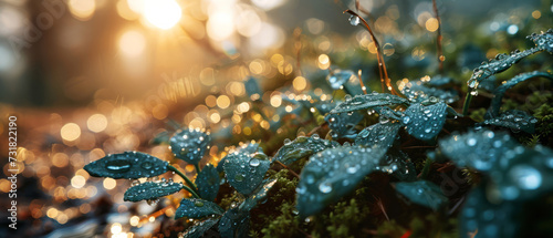 A close-up of rain-drenched leaves glistening in the dawn light © Lidok_L