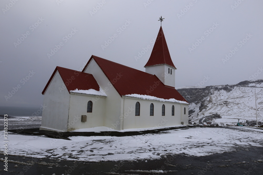 View on the church of the village of Vík located in the southernmost in Iceland