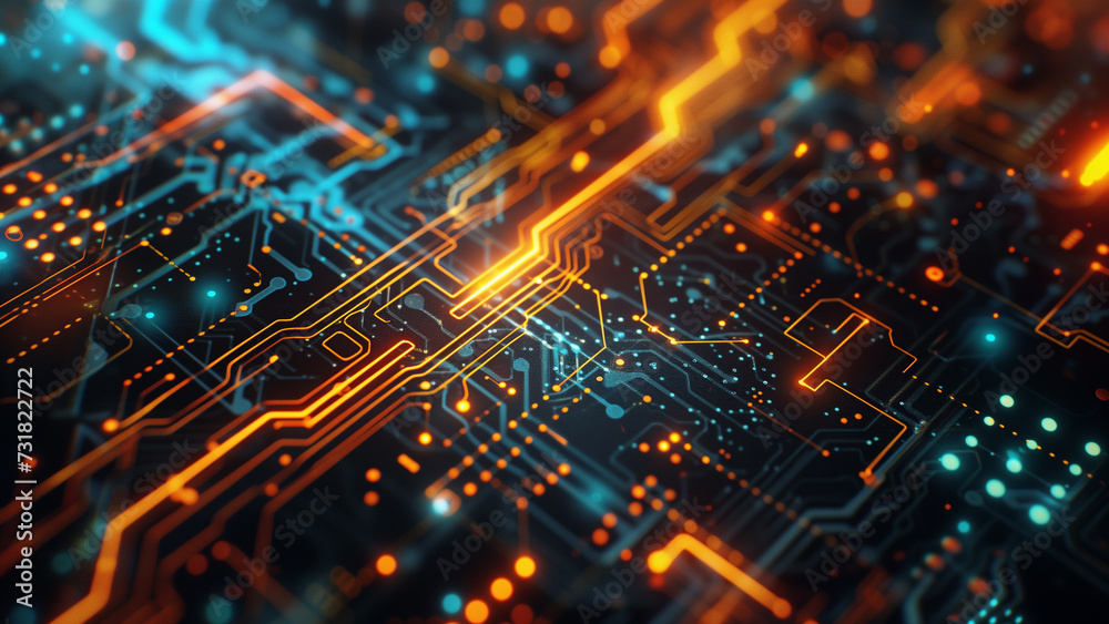 Obraz premium Neon Networks: A Vibrantly Illuminated Abstract Circuit Board Design