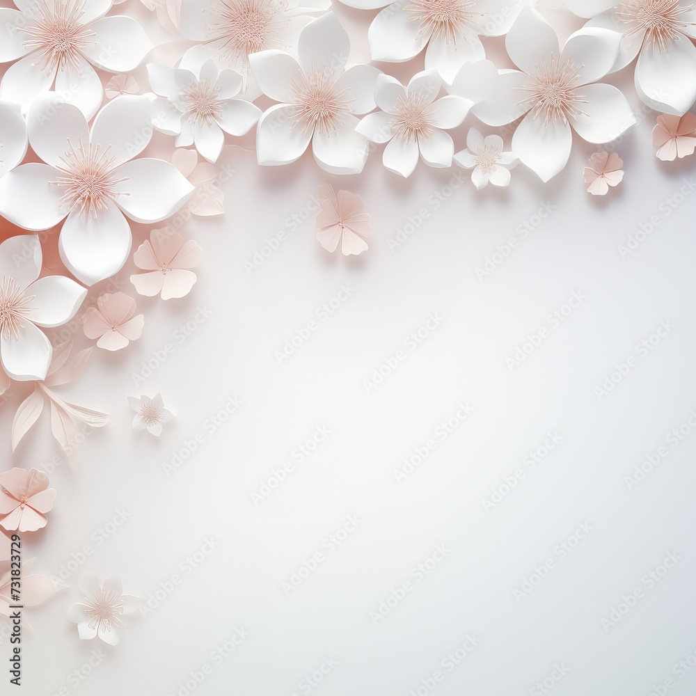 floral white background of cut paper flowers. the place of the greeting for the text