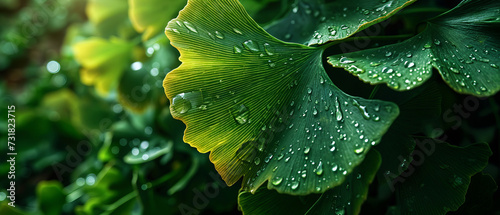 Vibrant Ginkgo Biloba leaves in varying shades of green create a lush and textured canop photo