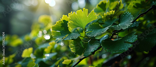 Fresh Ginkgo Biloba leaves with dew, backlit by the sun