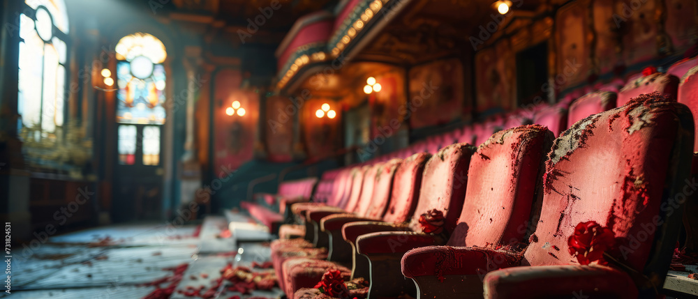 Decayed and tattered pink seats in an abandoned theater bask in the nostalgia of past grandeur - obrazy, fototapety, plakaty 