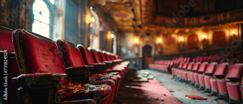 Decayed and tattered pink seats in an abandoned theater bask in the nostalgia of past grandeur