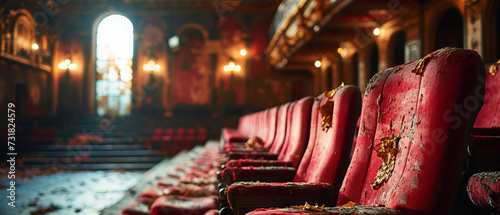 Decayed and tattered pink seats in an abandoned theater bask in the nostalgia of past grandeur photo