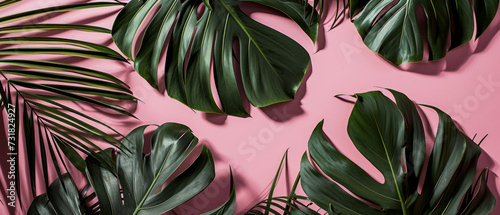 Lush monstera leaves against a vivid pink backdrop